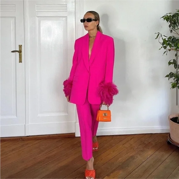 🔥HOT!! 🔥 2 PIECE ZARA NWT Feather Sleeve Blazer Pink & Matching Trousers